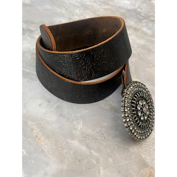 Vintage Fossil Size M Belt Embossed Leather Silver Metal Rhinestone Buckle main image 9
